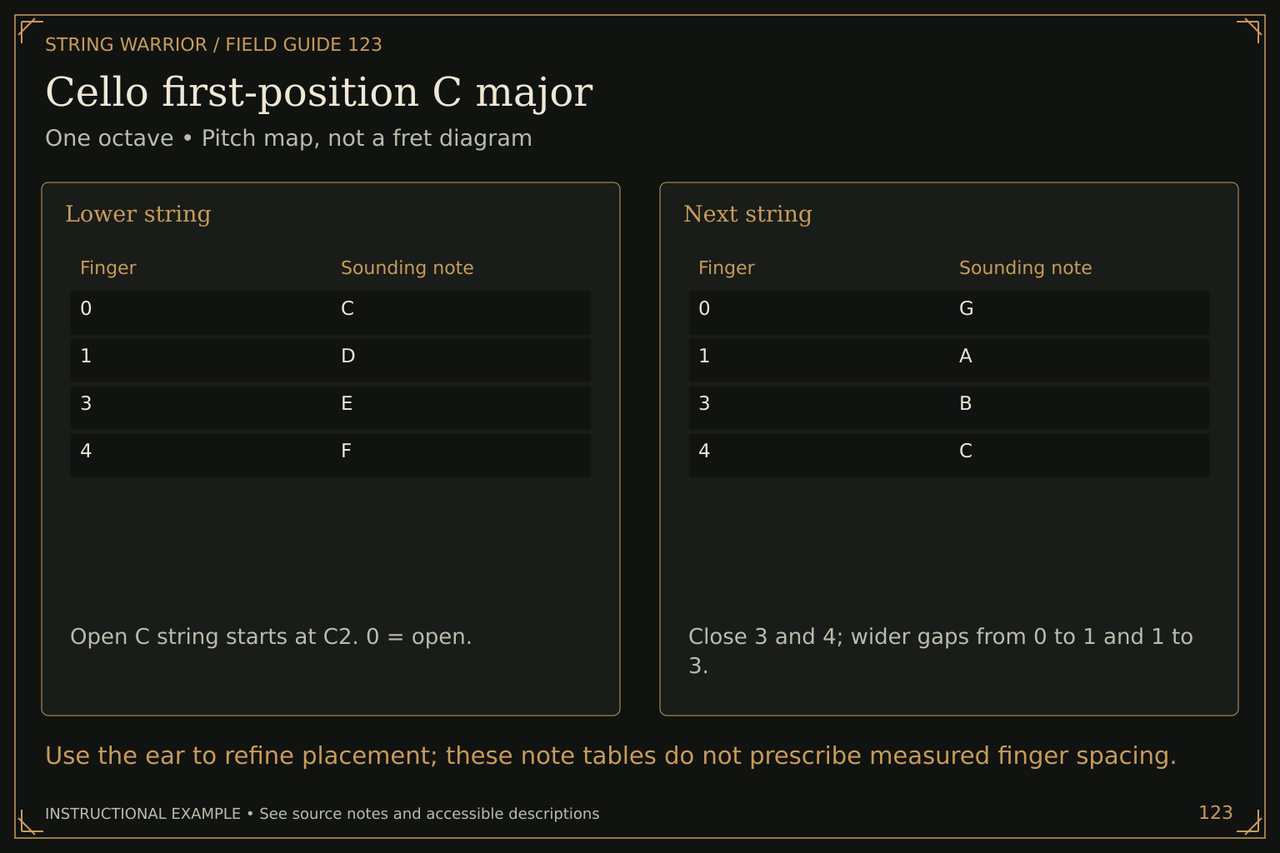 Cello first-position C major. One octave • Pitch map, not a fret diagram. Use the ear to refine placement; these note tables do not prescribe measured finger spacing.