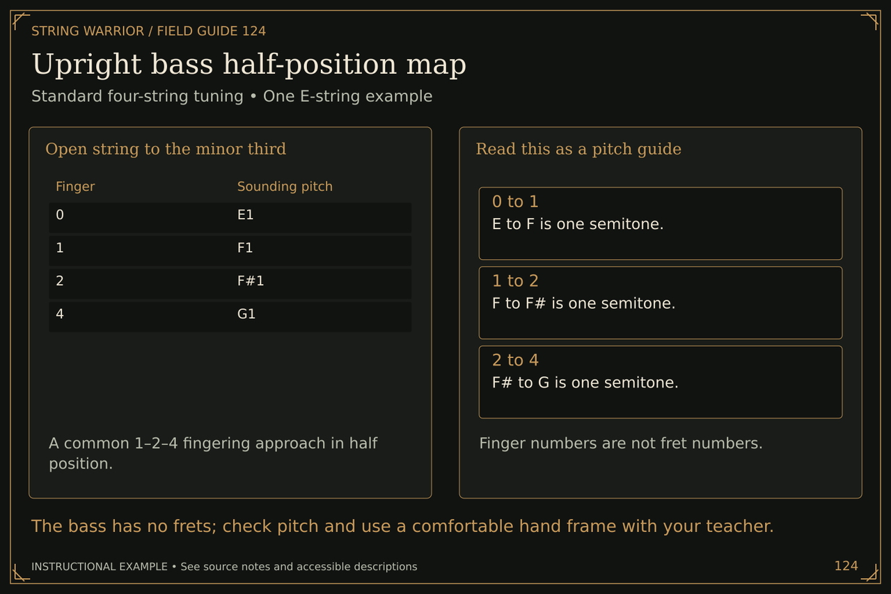 Upright bass half-position map. Standard four-string tuning • One E-string example. The bass has no frets; check pitch and use a comfortable hand frame with your teacher.