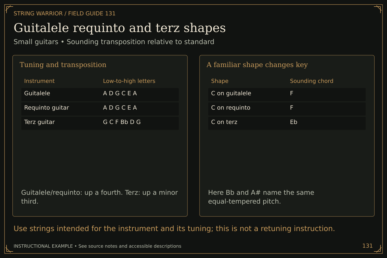 Guitalele requinto and terz shapes. Small guitars • Sounding transposition relative to standard. Use strings intended for the instrument and its tuning; this is not a retuning instruction.