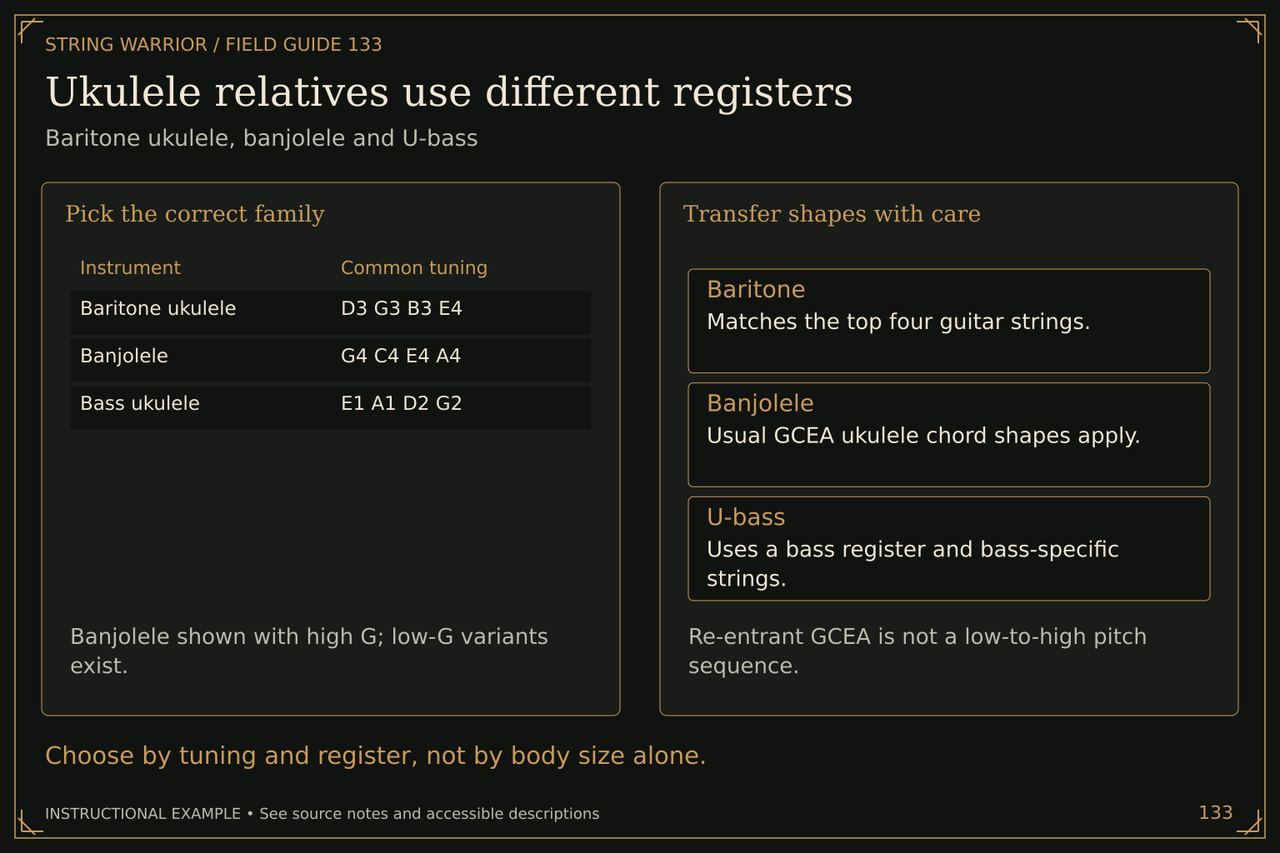 Ukulele relatives use different registers. Baritone ukulele, banjolele and U-bass. Choose by tuning and register, not by body size alone.