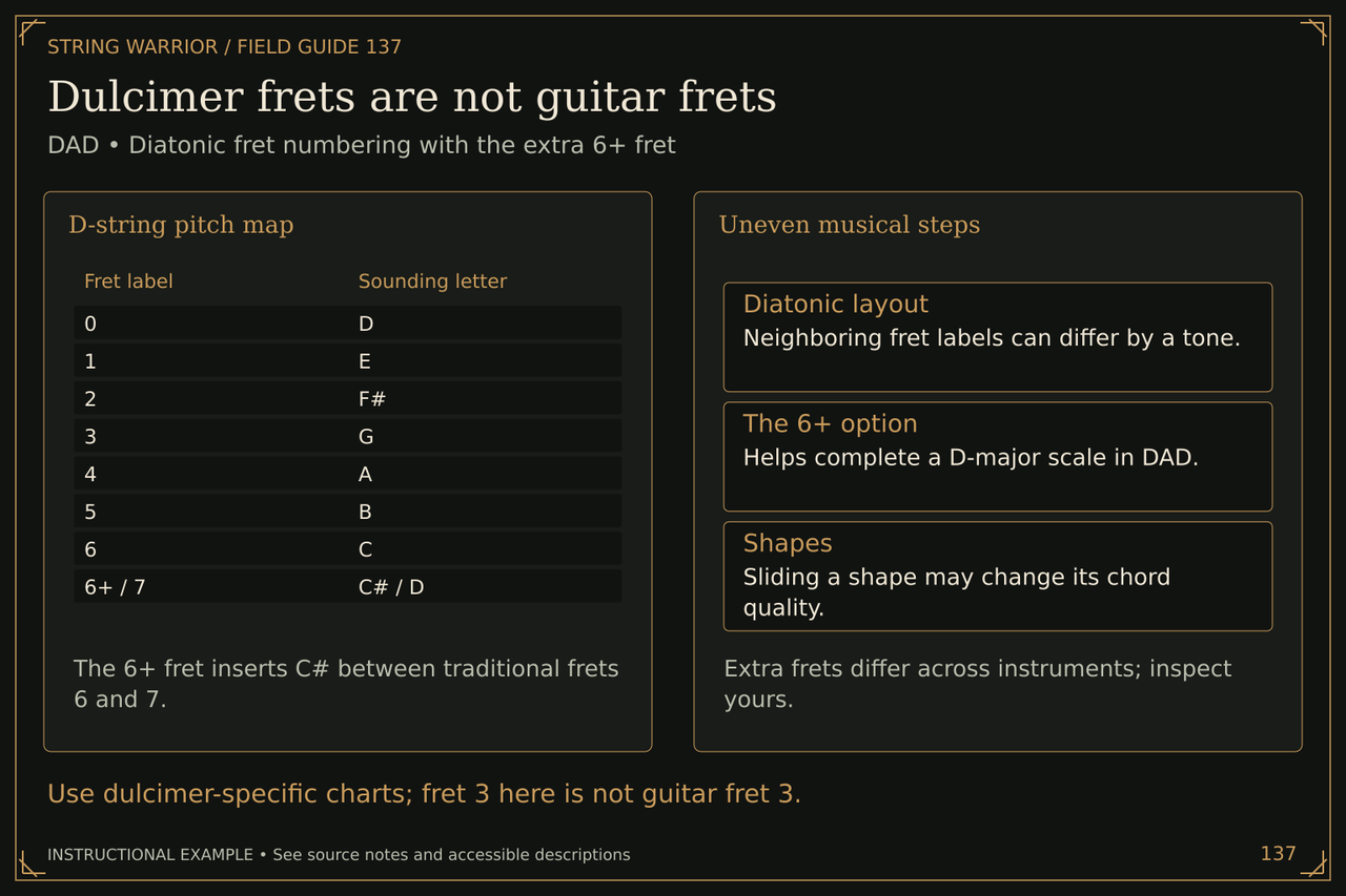 Dulcimer frets are not guitar frets. DAD • Diatonic fret numbering with the extra 6+ fret. Use dulcimer-specific charts; fret 3 here is not guitar fret 3.