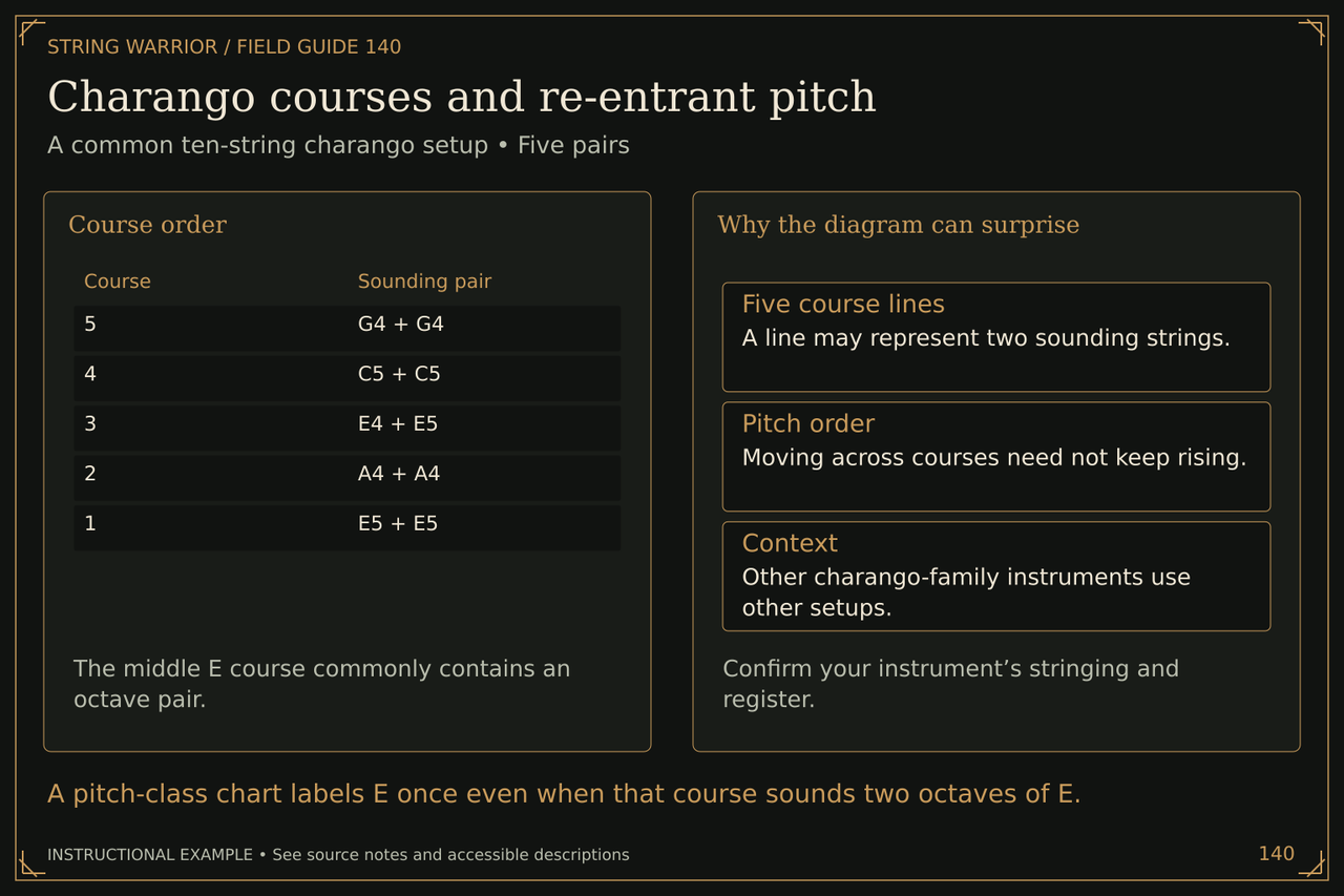 Charango courses and re-entrant pitch. A common ten-string charango setup • Five pairs. A pitch-class chart labels E once even when that course sounds two octaves of E.