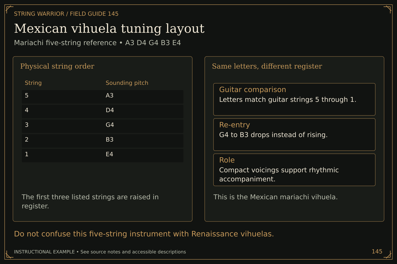 Mexican vihuela tuning layout. Mariachi five-string reference • A3 D4 G4 B3 E4. Do not confuse this five-string instrument with Renaissance vihuelas.