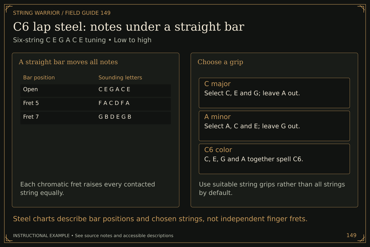 C6 lap steel: notes under a straight bar. Six-string C E G A C E tuning • Low to high. Steel charts describe bar positions and chosen strings, not independent finger frets.