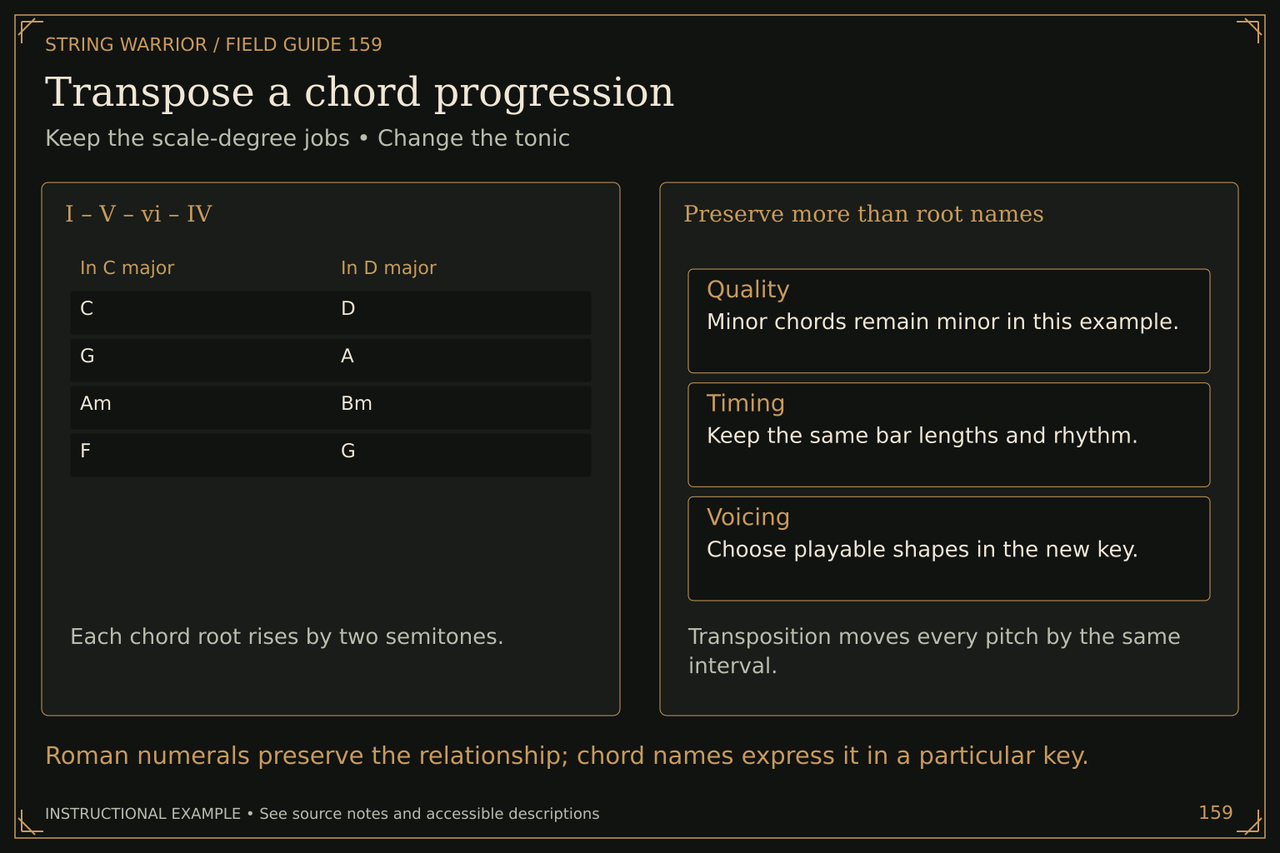 Transpose a chord progression. Keep the scale-degree jobs • Change the tonic. Roman numerals preserve the relationship; chord names express it in a particular key.