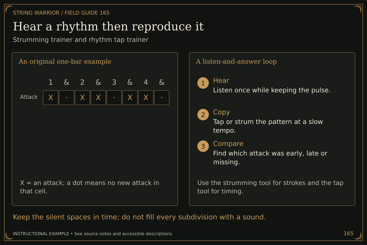 Hear a rhythm then reproduce it. Strumming trainer and rhythm tap trainer. Keep the silent spaces in time; do not fill every subdivision with a sound.