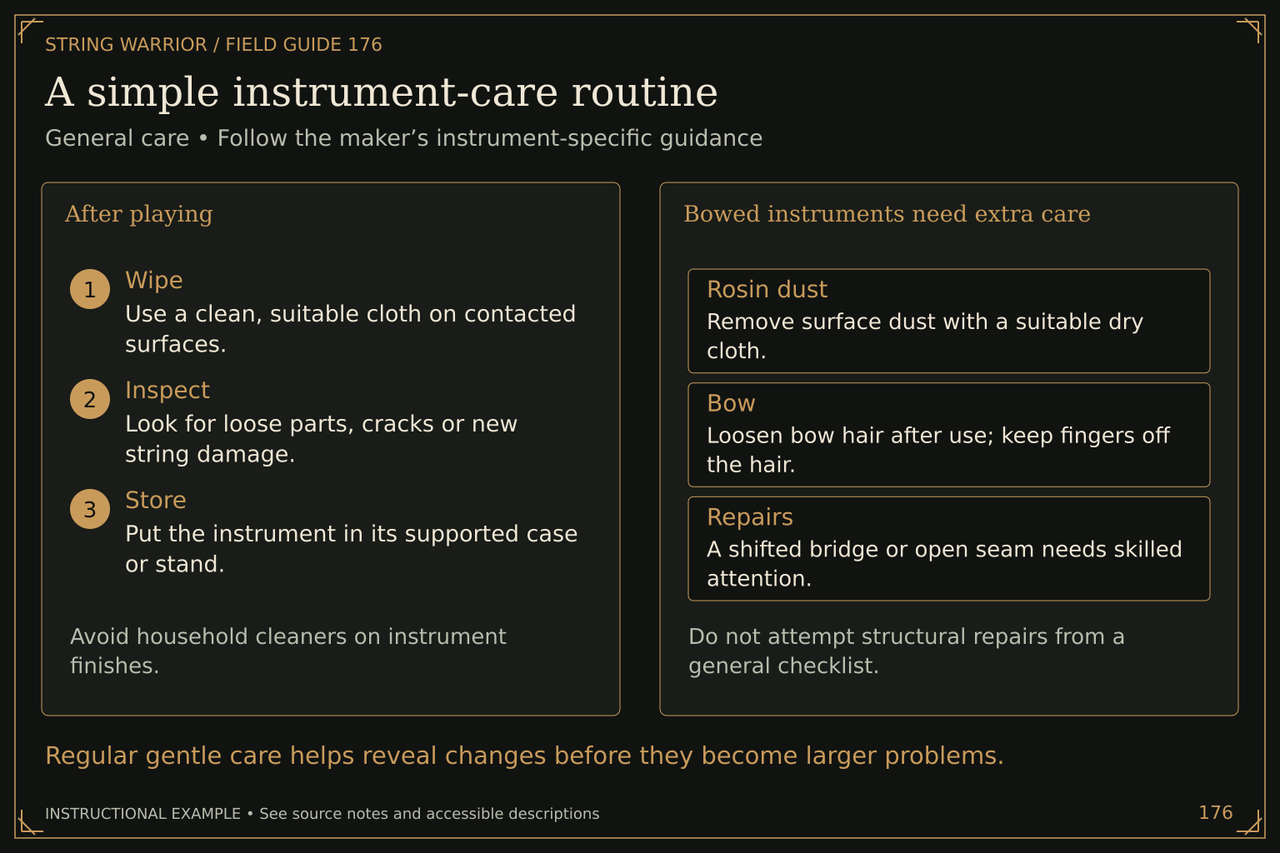 A simple instrument-care routine. General care • Follow the maker’s instrument-specific guidance. Regular gentle care helps reveal changes before they become larger problems.