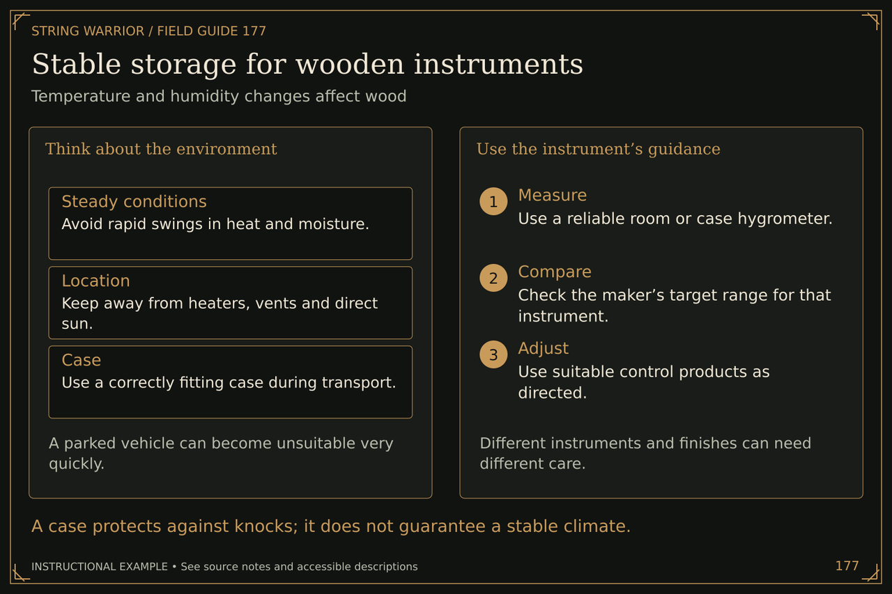 Stable storage for wooden instruments. Temperature and humidity changes affect wood. A case protects against knocks; it does not guarantee a stable climate.